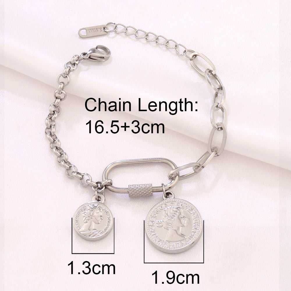316L Stainless Steel Coin Pendant Bracelet For Women Fashion Gold Color Round Charms Chain Bracelets Jewelry