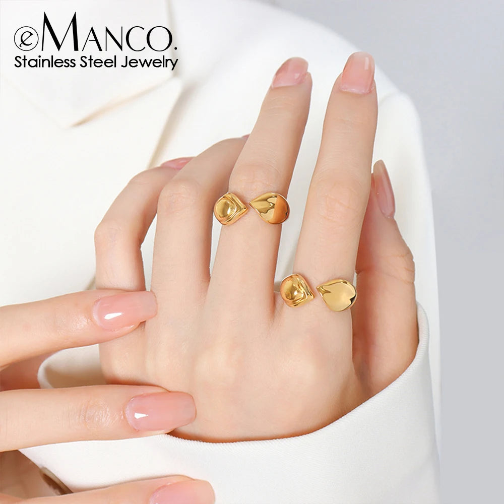 eManco Smooth Plating Asymmetric Women's Skeleton Leaf Shape Open End Ring Stainless Steel Waterproof  Jewelry 48 Hour Shipping