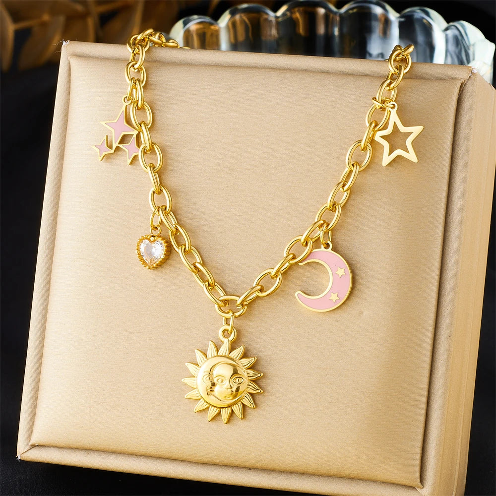 DIEYURO 316L Stainless Steel Golden Trendy Starfish Moon Sun Shaped Pendant Necklace For Women Romantic Neck Chain Holiday Gift