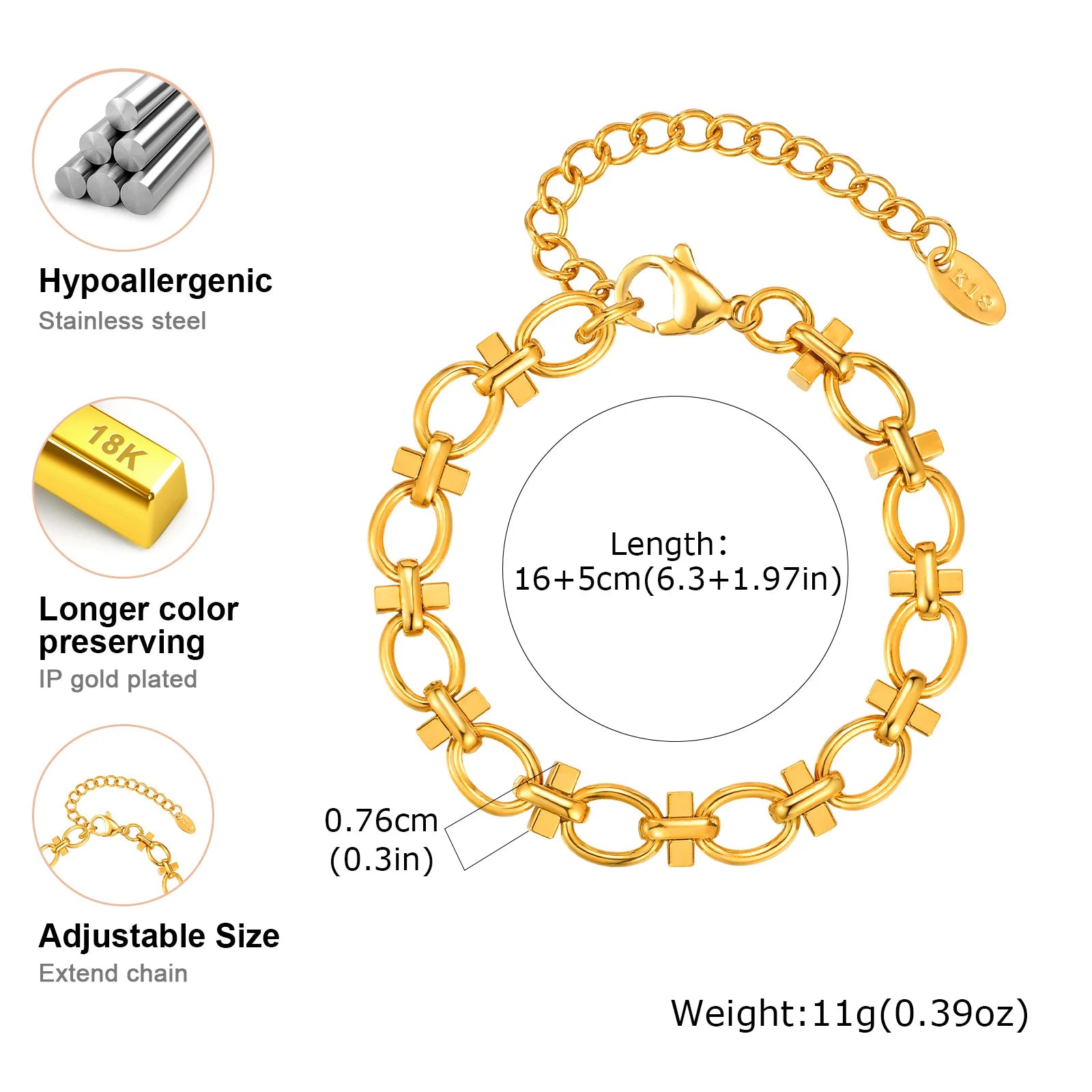 Chunky Link Bracelet, 316L Stainless Steel Chain Bracelets for Women, Handmade Wrist Waterproof Exquisite Jewelry