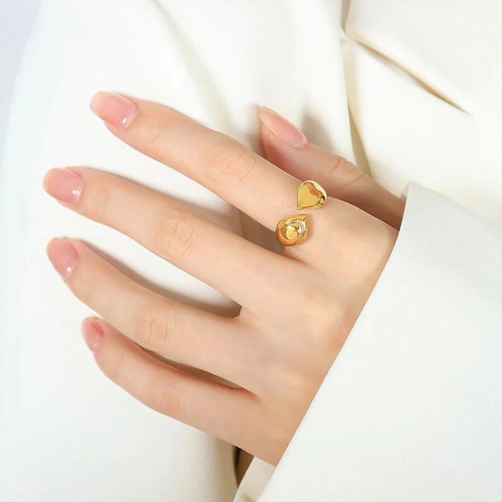 eManco Smooth Plating Asymmetric Women's Skeleton Leaf Shape Open End Ring Stainless Steel Waterproof  Jewelry 48 Hour Shipping
