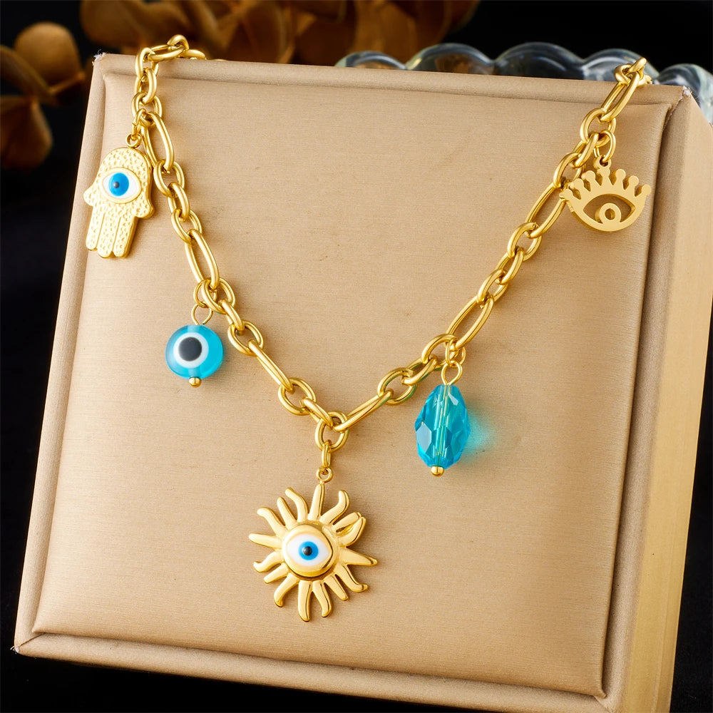 DIEYURO 316L Stainless Steel Golden Trendy Starfish Moon Sun Shaped Pendant Necklace For Women Romantic Neck Chain Holiday Gift