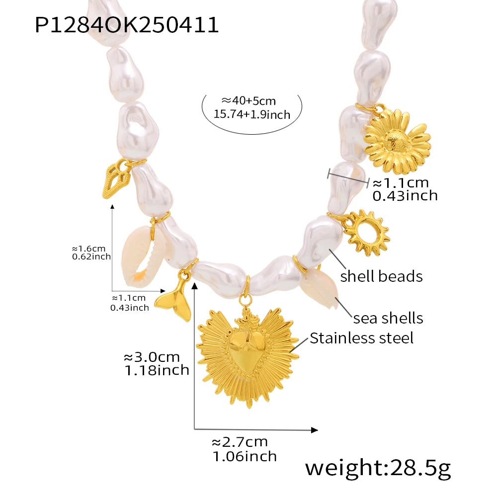 316 Stainless Steel Gold Plated Star Sun Pendant Necklace Women's White Shell Beaded Chain Fashion Necklace Girl Summer Jewelry