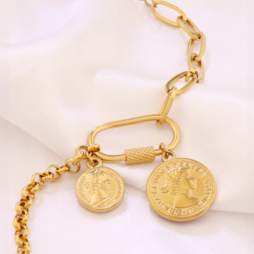 316L Stainless Steel Coin Pendant Bracelet For Women Fashion Gold Color Round Charms Chain Bracelets Jewelry