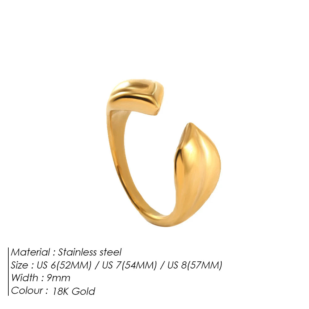 eManco Smooth Plating Asymmetric Women's Skeleton Leaf Shape Open End Ring Stainless Steel Waterproof  Jewelry 48 Hour Shipping