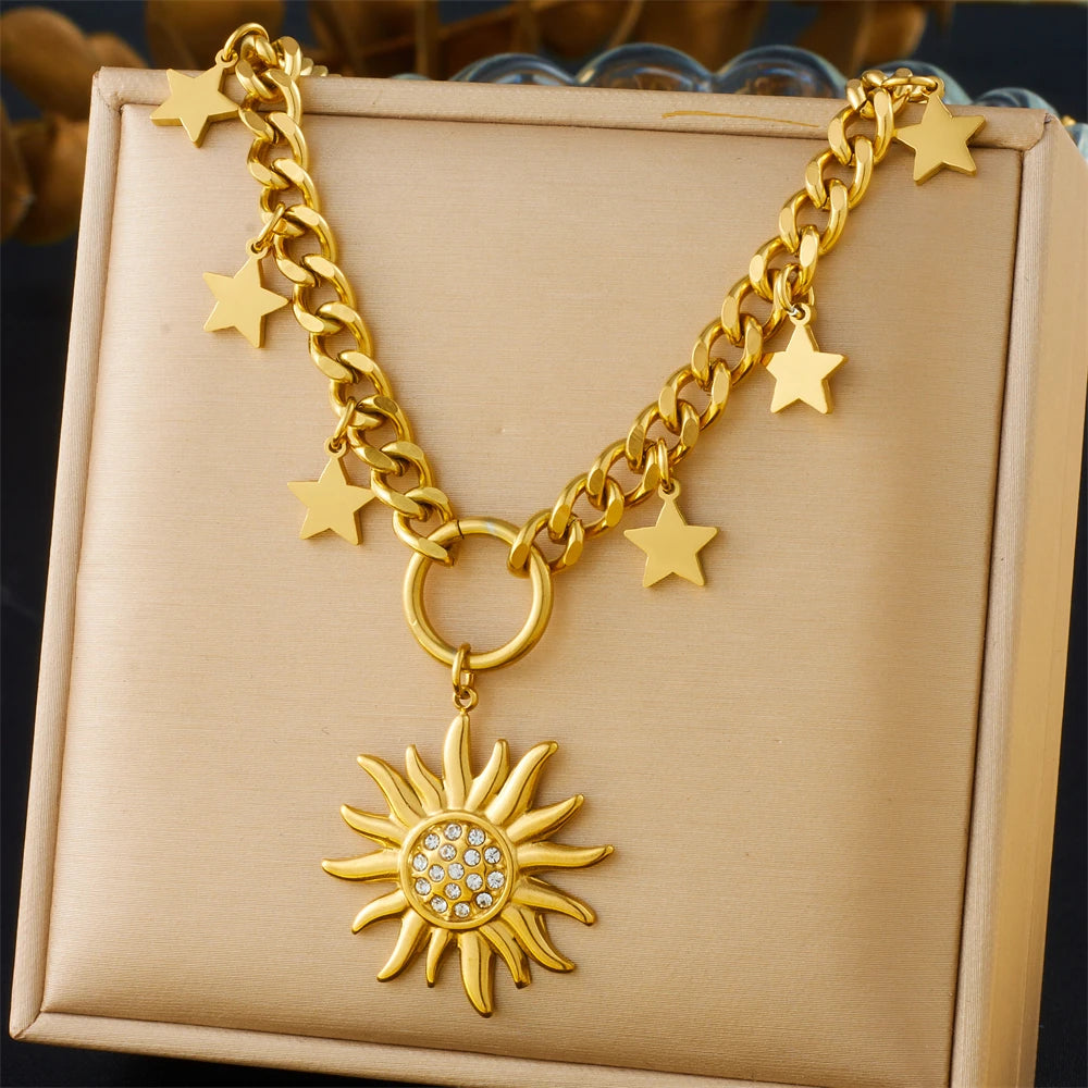 DIEYURO 316L Stainless Steel Golden Trendy Starfish Moon Sun Shaped Pendant Necklace For Women Romantic Neck Chain Holiday Gift