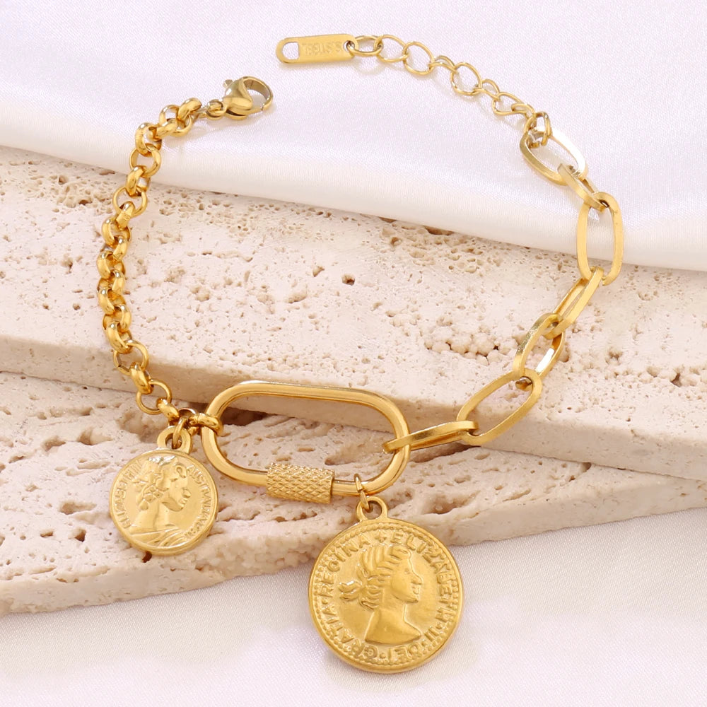 316L Stainless Steel Coin Pendant Bracelet For Women Fashion Gold Color Round Charms Chain Bracelets Jewelry