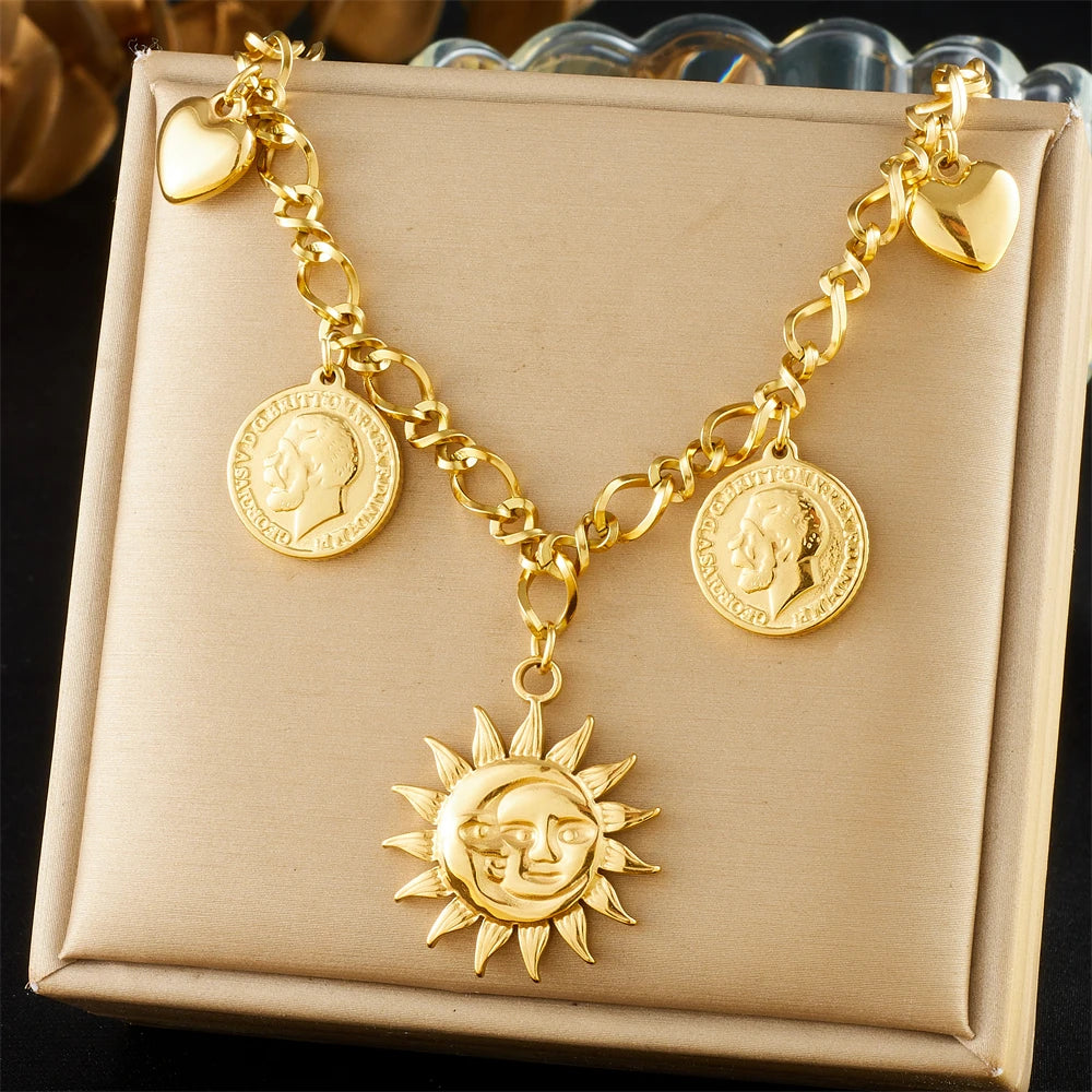 DIEYURO 316L Stainless Steel Golden Trendy Starfish Moon Sun Shaped Pendant Necklace For Women Romantic Neck Chain Holiday Gift