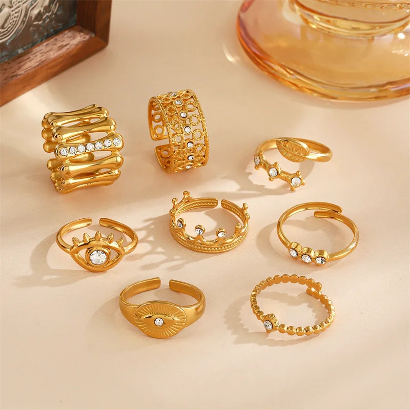 EILIECK 316L Stainless Steel Eye Zirconia Charms Ring for Women Fashion Statement Gold Color Waterproof Finger Jewelry Wedding