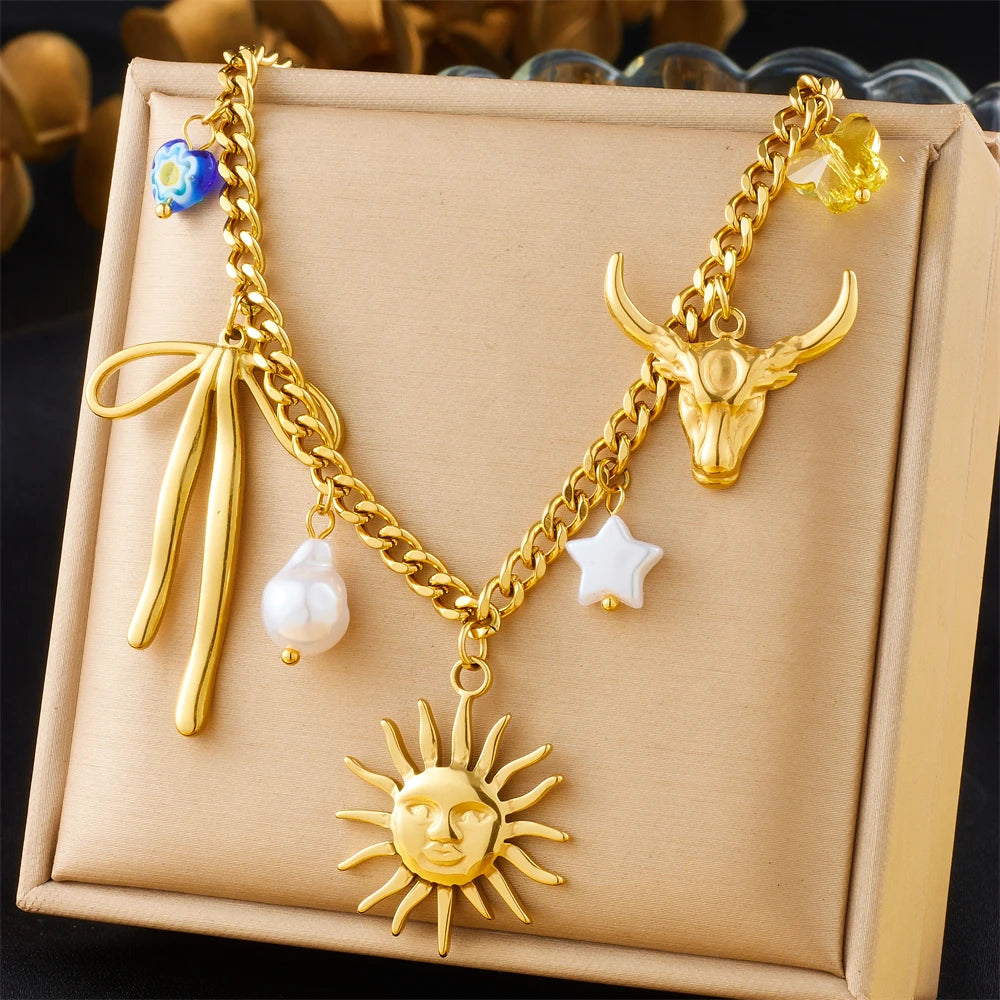DIEYURO 316L Stainless Steel Golden Trendy Starfish Moon Sun Shaped Pendant Necklace For Women Romantic Neck Chain Holiday Gift