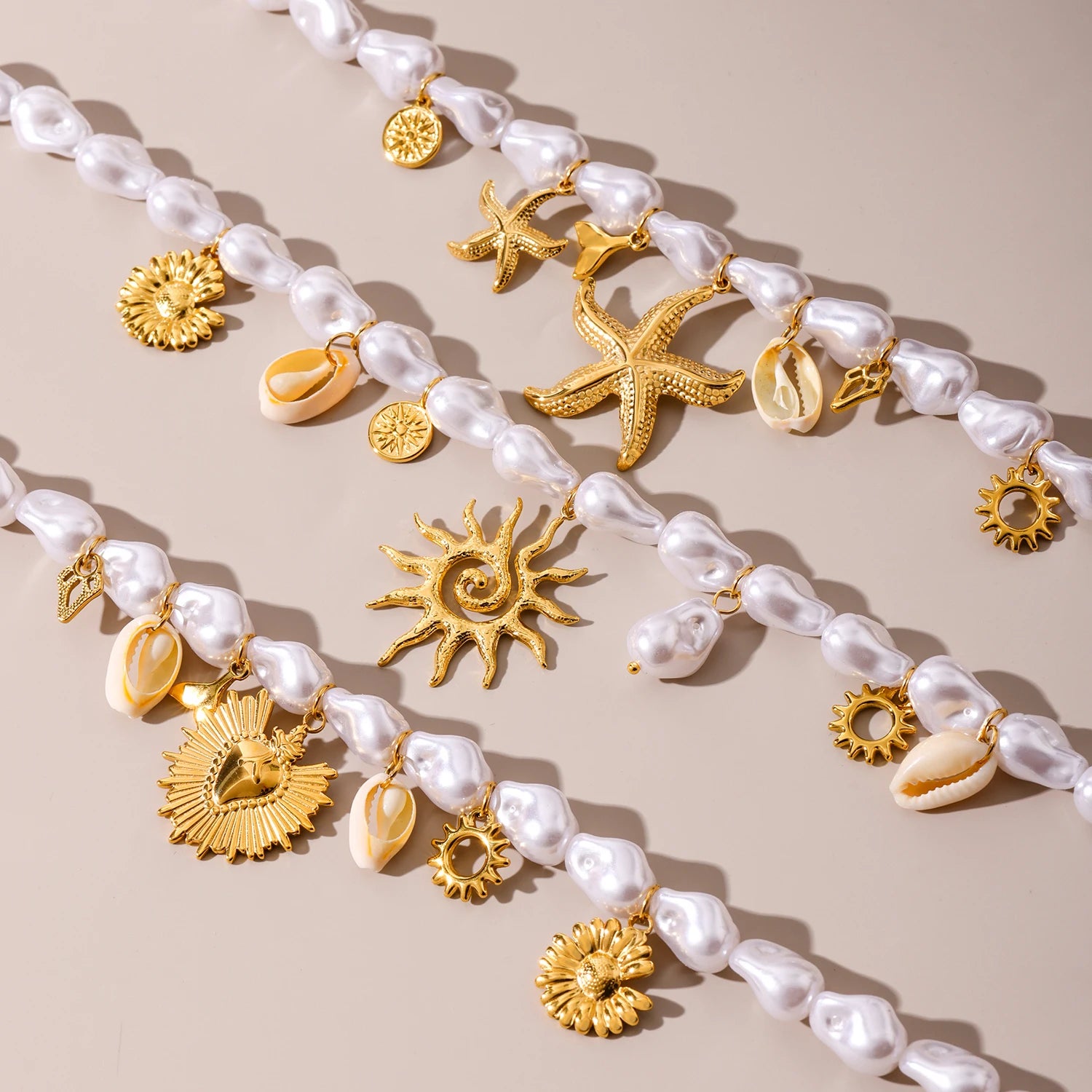 316 Stainless Steel Gold Plated Star Sun Pendant Necklace Women's White Shell Beaded Chain Fashion Necklace Girl Summer Jewelry