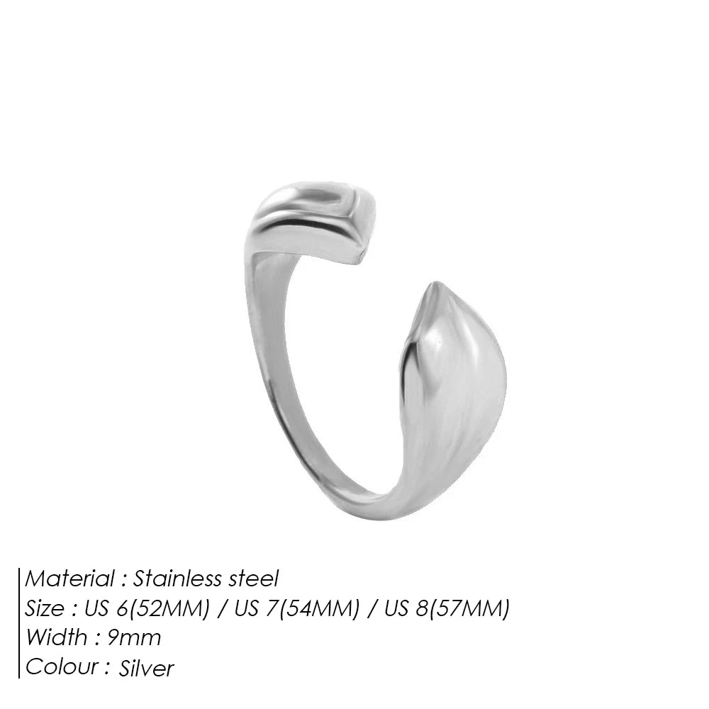 eManco Smooth Plating Asymmetric Women's Skeleton Leaf Shape Open End Ring Stainless Steel Waterproof  Jewelry 48 Hour Shipping