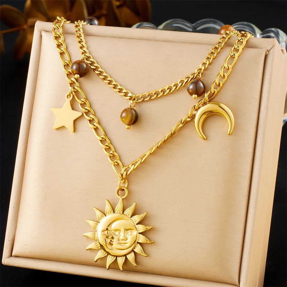 DIEYURO 316L Stainless Steel Golden Trendy Starfish Moon Sun Shaped Pendant Necklace For Women Romantic Neck Chain Holiday Gift