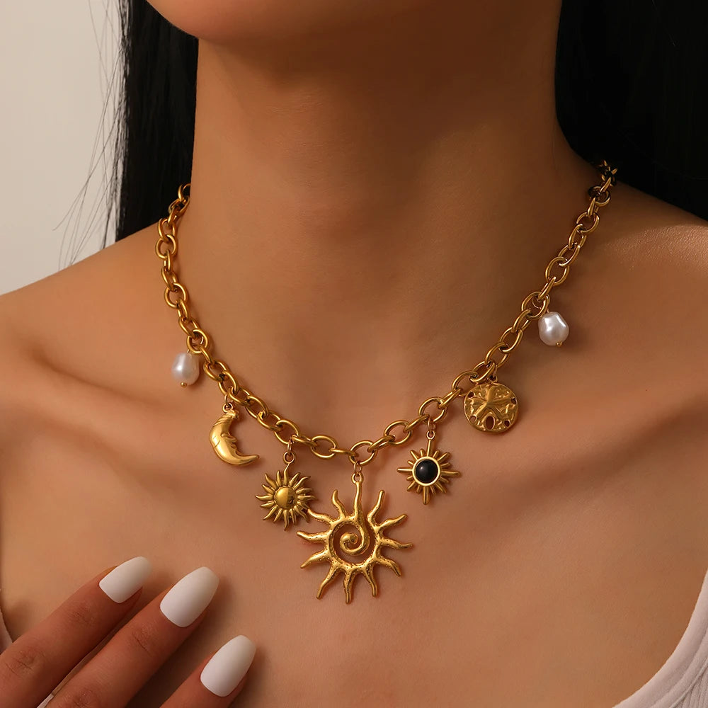 DIEYURO 316L Stainless Steel Golden Trendy Starfish Moon Sun Shaped Pendant Necklace For Women Romantic Neck Chain Holiday Gift