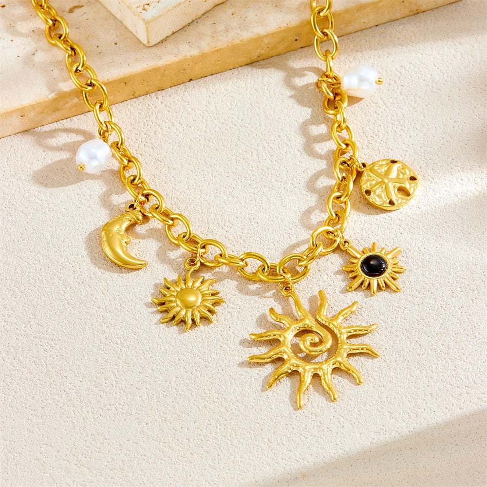 DIEYURO 316L Stainless Steel Golden Trendy Starfish Moon Sun Shaped Pendant Necklace For Women Romantic Neck Chain Holiday Gift