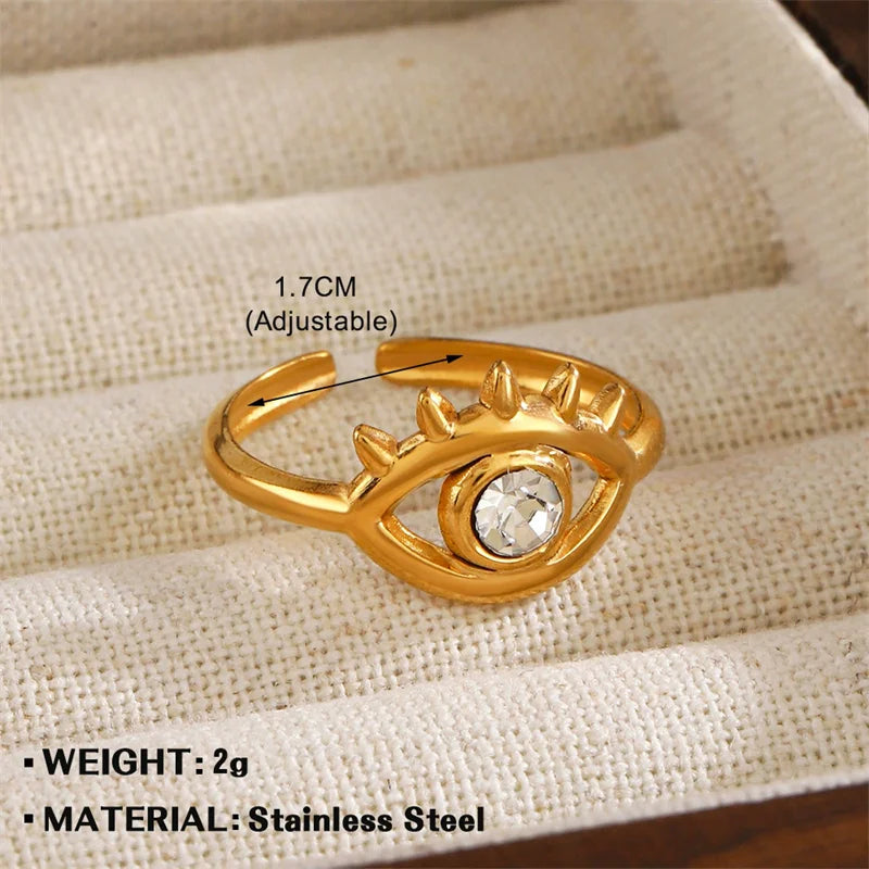EILIECK 316L Stainless Steel Eye Zirconia Charms Ring for Women Fashion Statement Gold Color Waterproof Finger Jewelry Wedding