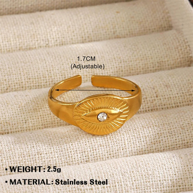 EILIECK 316L Stainless Steel Eye Zirconia Charms Ring for Women Fashion Statement Gold Color Waterproof Finger Jewelry Wedding