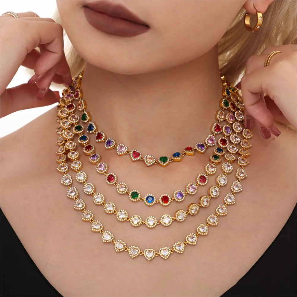 High-end Luxury Necklace Bracelet With Multi Color Zircon For Women 18k Gold Plated Stainless Steel Women's Necklaces Bracelets