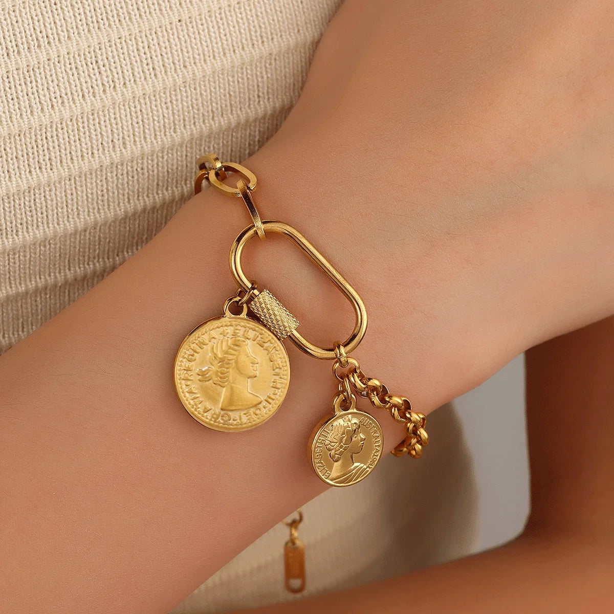 316L Stainless Steel Coin Pendant Bracelet For Women Fashion Gold Color Round Charms Chain Bracelets Jewelry