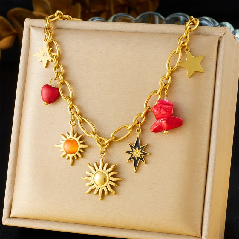 DIEYURO 316L Stainless Steel Golden Trendy Starfish Moon Sun Shaped Pendant Necklace For Women Romantic Neck Chain Holiday Gift