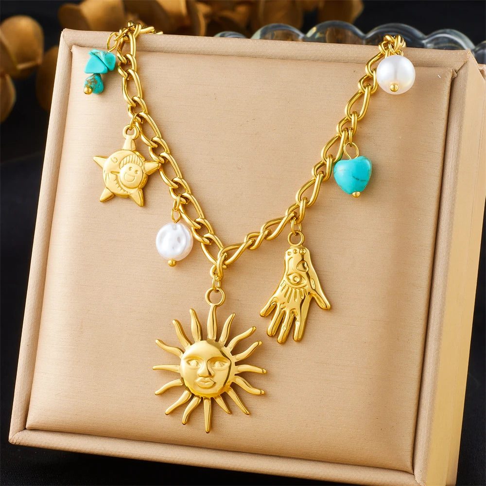 DIEYURO 316L Stainless Steel Golden Trendy Starfish Moon Sun Shaped Pendant Necklace For Women Romantic Neck Chain Holiday Gift