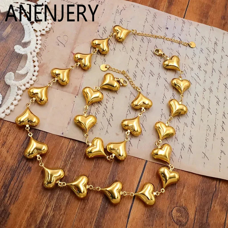 ANENJERY 316L Stainless Steel Multiple Hearts Necklace Brracelet For Women Clavicle chain Vintage Personality Jewelry Set Gifts