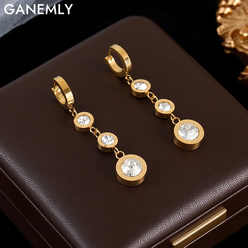 GANEMLY 316L Stainless Steel Luxury White Zirconia Drop Earrings For Women Fashion New Party Gift Ear Dangle Waterproof Jewelry