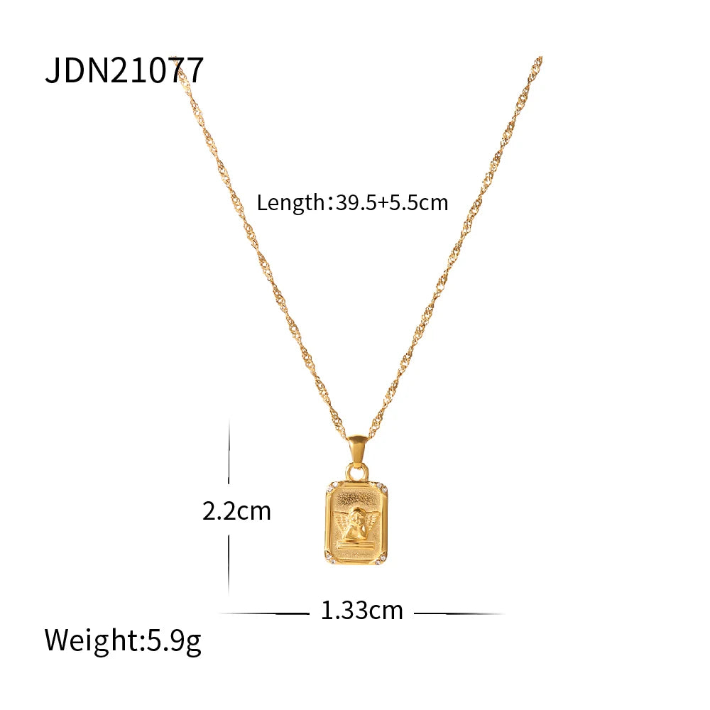 Uworld 316L Stainless Steel Angel Pendant Necklace Chain Jewelry Gold 18K Plated Round Charm Collar Accessories for Women Gift