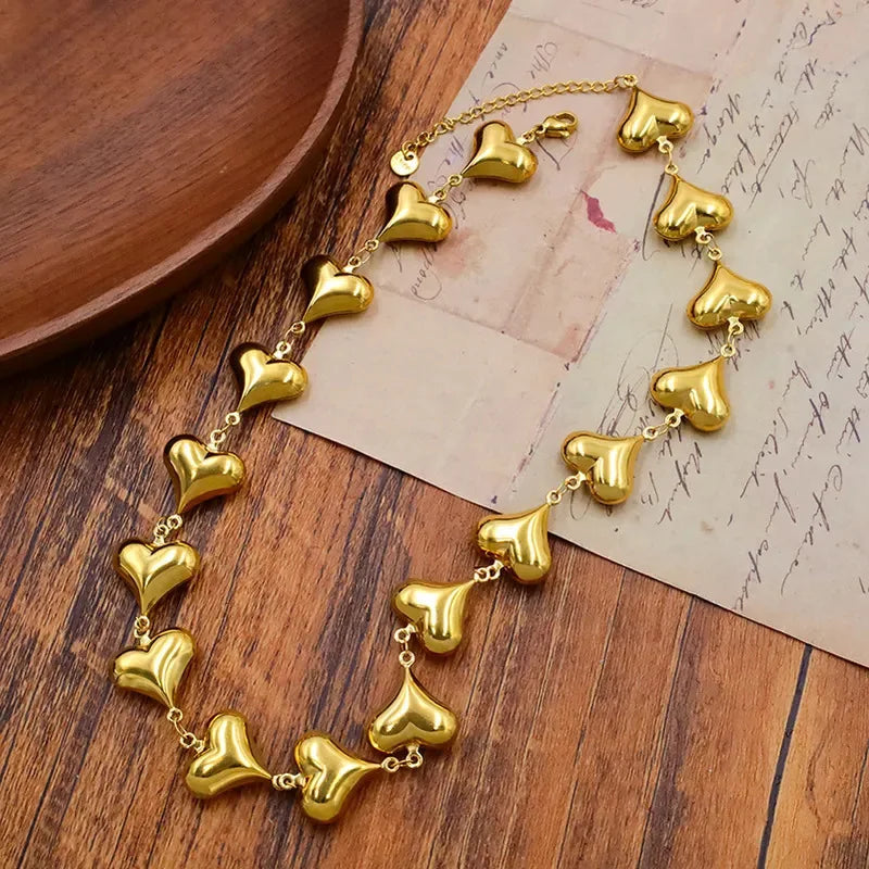 ANENJERY 316L Stainless Steel Multiple Hearts Necklace Brracelet For Women Clavicle chain Vintage Personality Jewelry Set Gifts