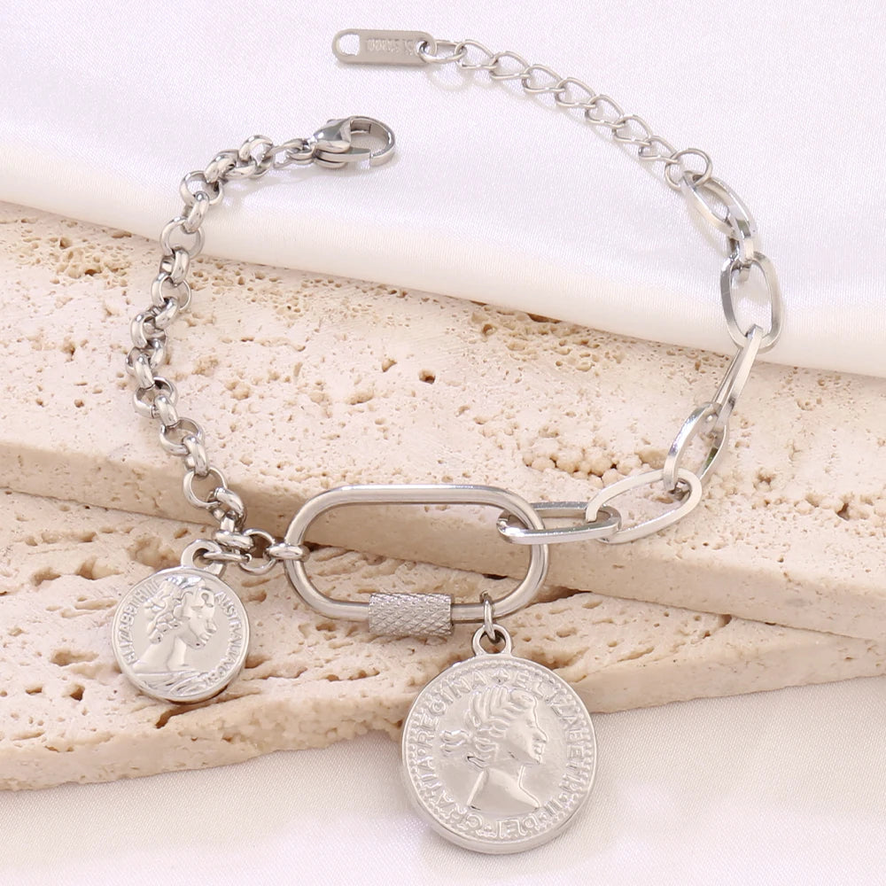 316L Stainless Steel Coin Pendant Bracelet For Women Fashion Gold Color Round Charms Chain Bracelets Jewelry