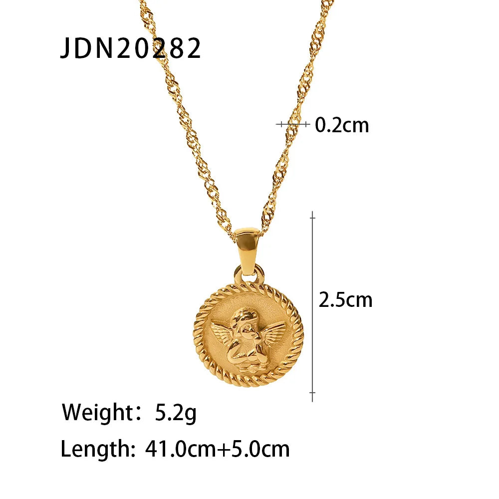 Uworld 316L Stainless Steel Angel Pendant Necklace Chain Jewelry Gold 18K Plated Round Charm Collar Accessories for Women Gift