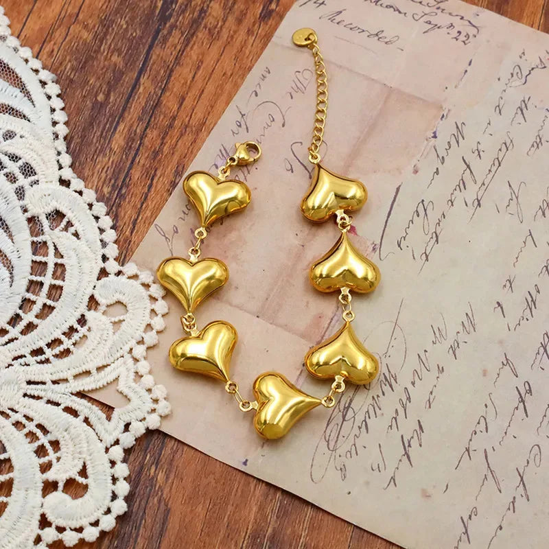 ANENJERY 316L Stainless Steel Multiple Hearts Necklace Brracelet For Women Clavicle chain Vintage Personality Jewelry Set Gifts