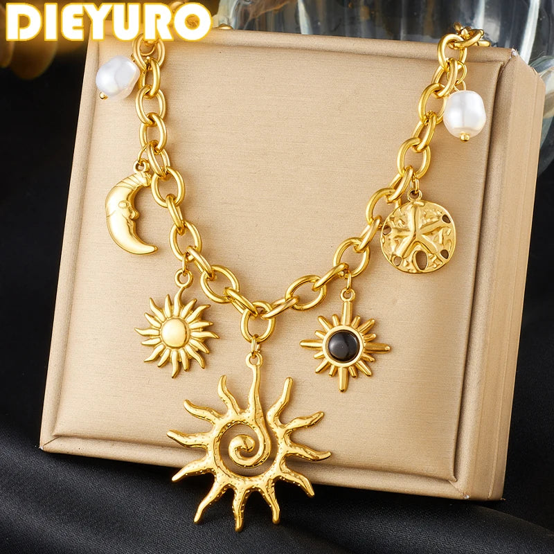 DIEYURO 316L Stainless Steel Golden Trendy Starfish Moon Sun Shaped Pendant Necklace For Women Romantic Neck Chain Holiday Gift