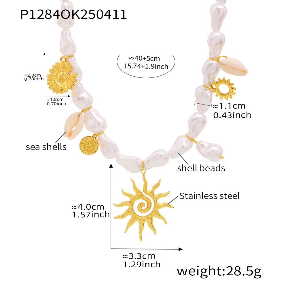 316 Stainless Steel Gold Plated Star Sun Pendant Necklace Women's White Shell Beaded Chain Fashion Necklace Girl Summer Jewelry