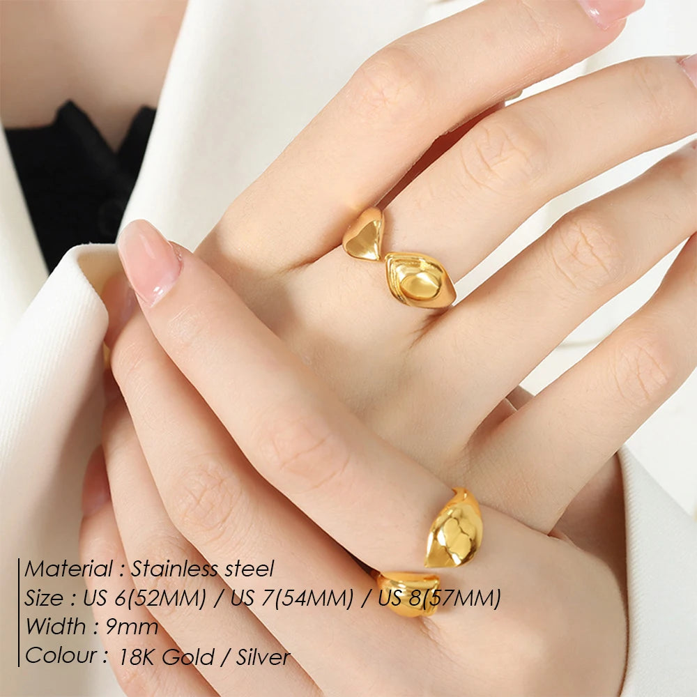 eManco Smooth Plating Asymmetric Women's Skeleton Leaf Shape Open End Ring Stainless Steel Waterproof  Jewelry 48 Hour Shipping