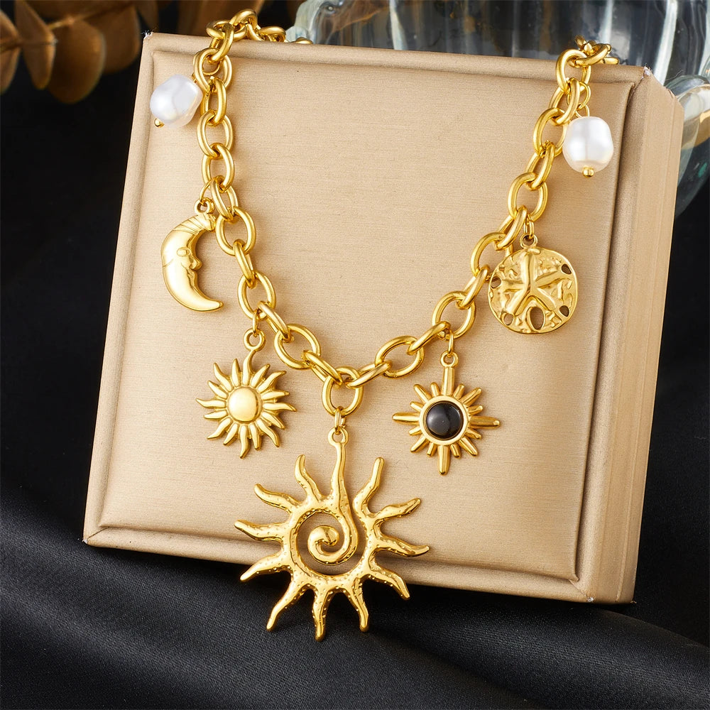DIEYURO 316L Stainless Steel Golden Trendy Starfish Moon Sun Shaped Pendant Necklace For Women Romantic Neck Chain Holiday Gift