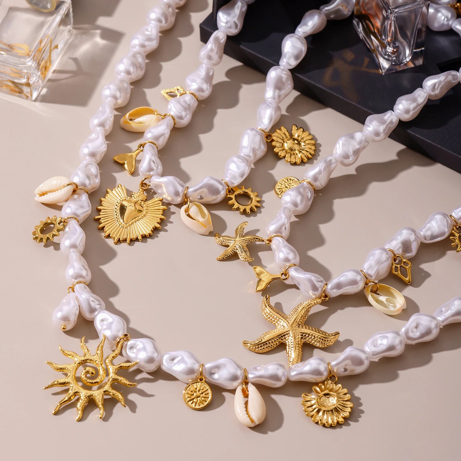 316 Stainless Steel Gold Plated Star Sun Pendant Necklace Women's White Shell Beaded Chain Fashion Necklace Girl Summer Jewelry