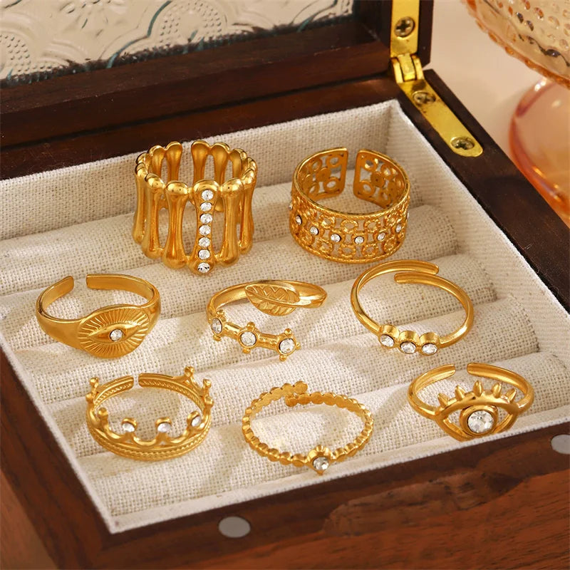 EILIECK 316L Stainless Steel Eye Zirconia Charms Ring for Women Fashion Statement Gold Color Waterproof Finger Jewelry Wedding