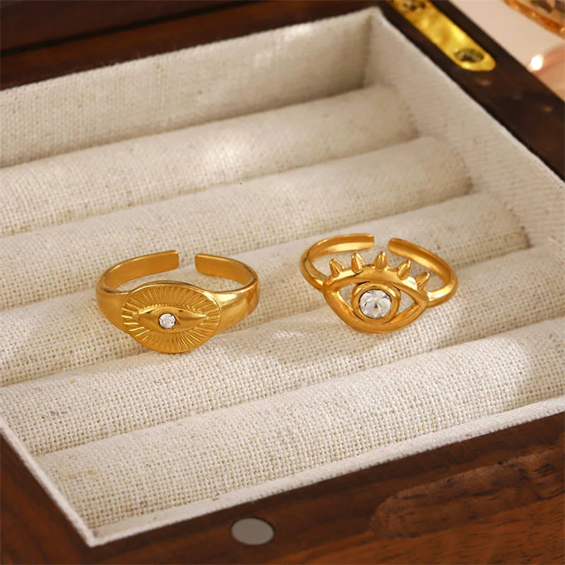 EILIECK 316L Stainless Steel Eye Zirconia Charms Ring for Women Fashion Statement Gold Color Waterproof Finger Jewelry Wedding
