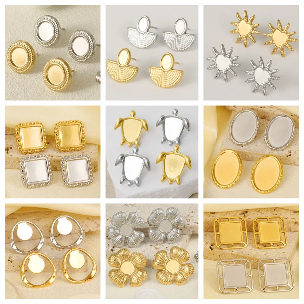 3 Pairs Charm Various Styles Sun Square Flower Stainless Steel Blank Base Earring High Quality No Fade Diy Rhinestone Jewelry
