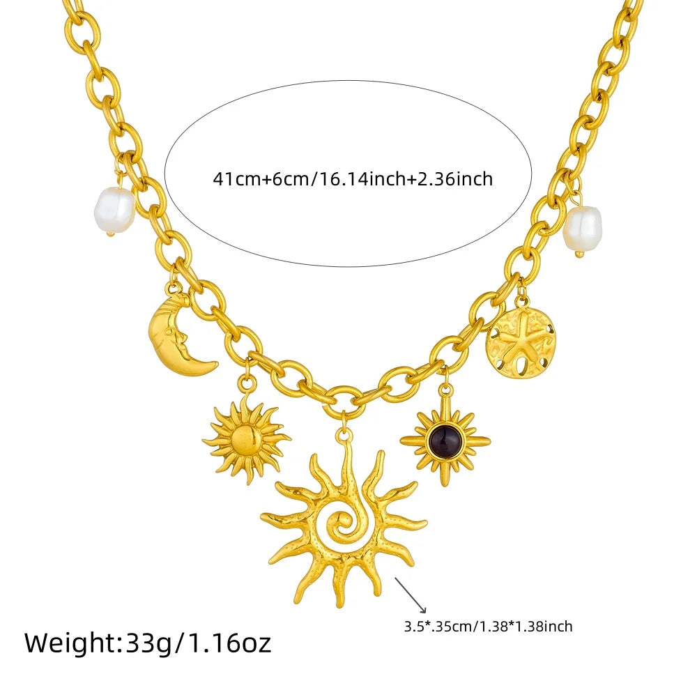 DIEYURO 316L Stainless Steel Golden Trendy Starfish Moon Sun Shaped Pendant Necklace For Women Romantic Neck Chain Holiday Gift