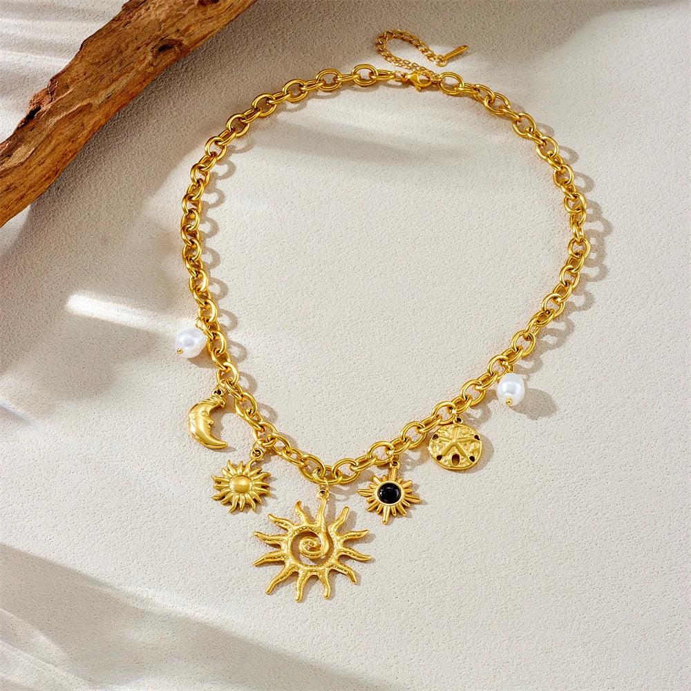 DIEYURO 316L Stainless Steel Golden Trendy Starfish Moon Sun Shaped Pendant Necklace For Women Romantic Neck Chain Holiday Gift
