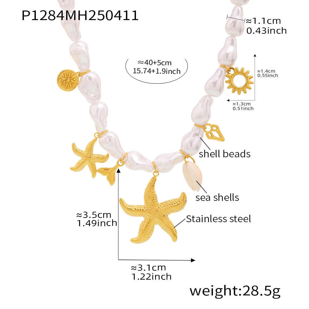 316 Stainless Steel Gold Plated Star Sun Pendant Necklace Women's White Shell Beaded Chain Fashion Necklace Girl Summer Jewelry