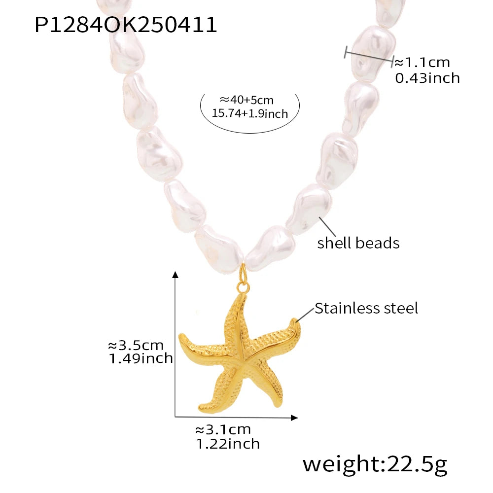 316 Stainless Steel Gold Plated Star Sun Pendant Necklace Women's White Shell Beaded Chain Fashion Necklace Girl Summer Jewelry
