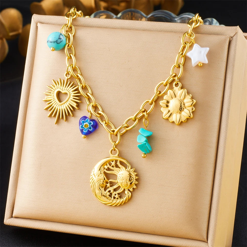 DIEYURO 316L Stainless Steel Golden Trendy Starfish Moon Sun Shaped Pendant Necklace For Women Romantic Neck Chain Holiday Gift