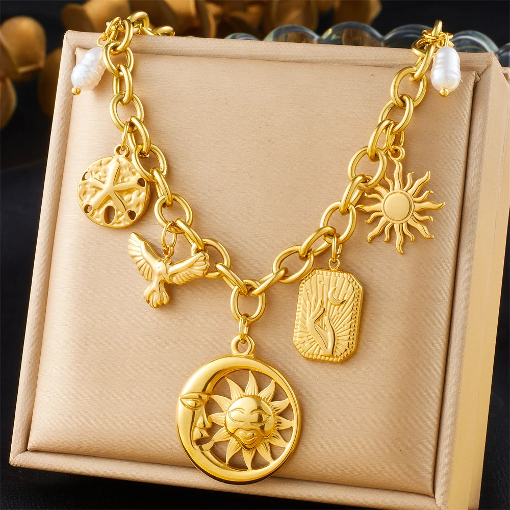 DIEYURO 316L Stainless Steel Golden Trendy Starfish Moon Sun Shaped Pendant Necklace For Women Romantic Neck Chain Holiday Gift