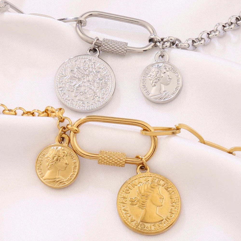 316L Stainless Steel Coin Pendant Bracelet For Women Fashion Gold Color Round Charms Chain Bracelets Jewelry
