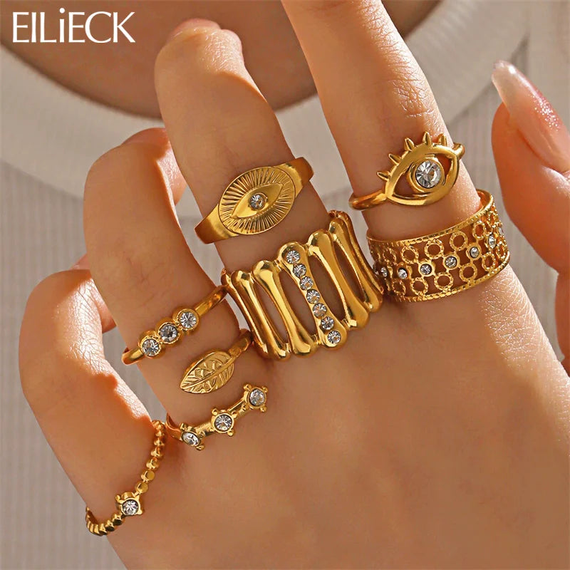 EILIECK 316L Stainless Steel Eye Zirconia Charms Ring for Women Fashion Statement Gold Color Waterproof Finger Jewelry Wedding