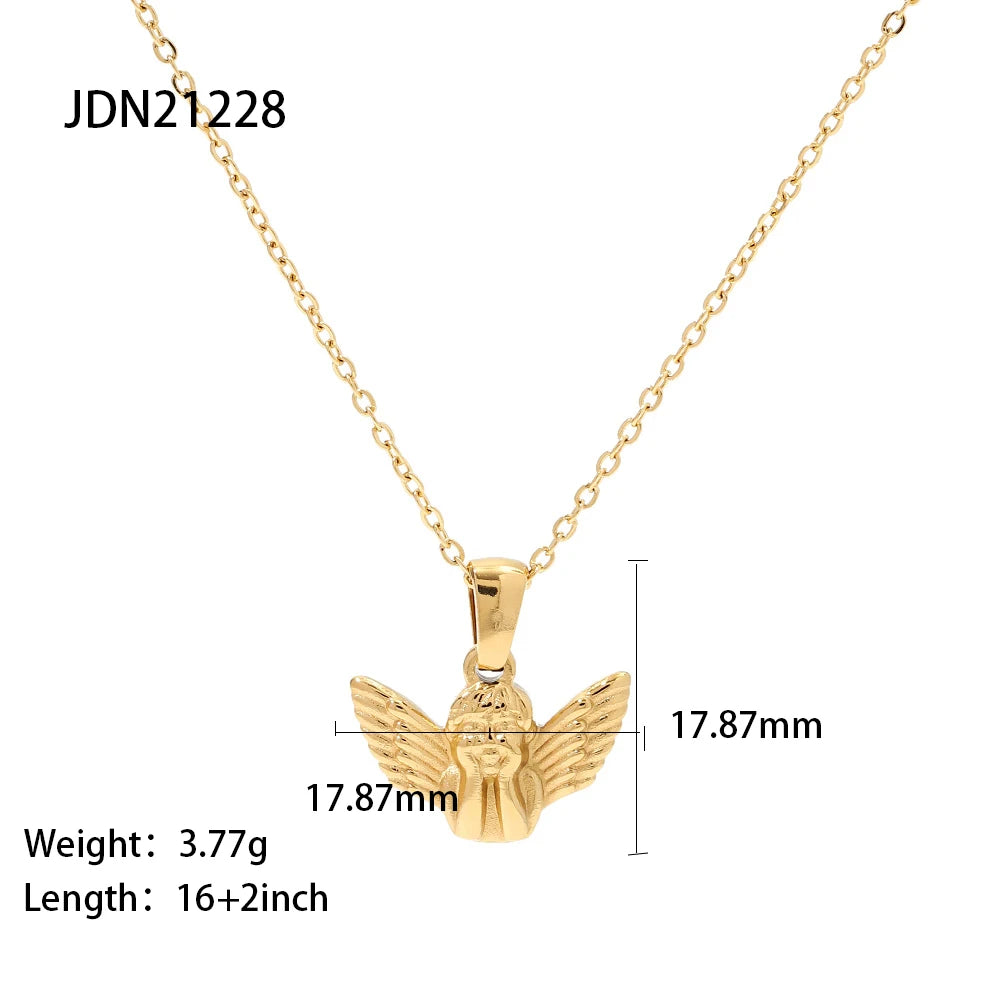 Uworld 316L Stainless Steel Angel Pendant Necklace Chain Jewelry Gold 18K Plated Round Charm Collar Accessories for Women Gift