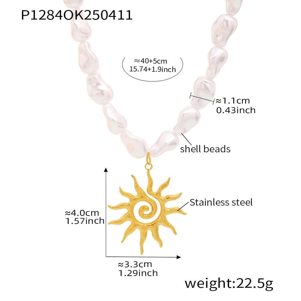 316 Stainless Steel Gold Plated Star Sun Pendant Necklace Women's White Shell Beaded Chain Fashion Necklace Girl Summer Jewelry